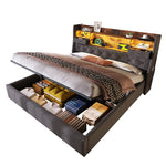 Upholstered Bed 140x200cm with LED Headboard & Storage, Grey Linen