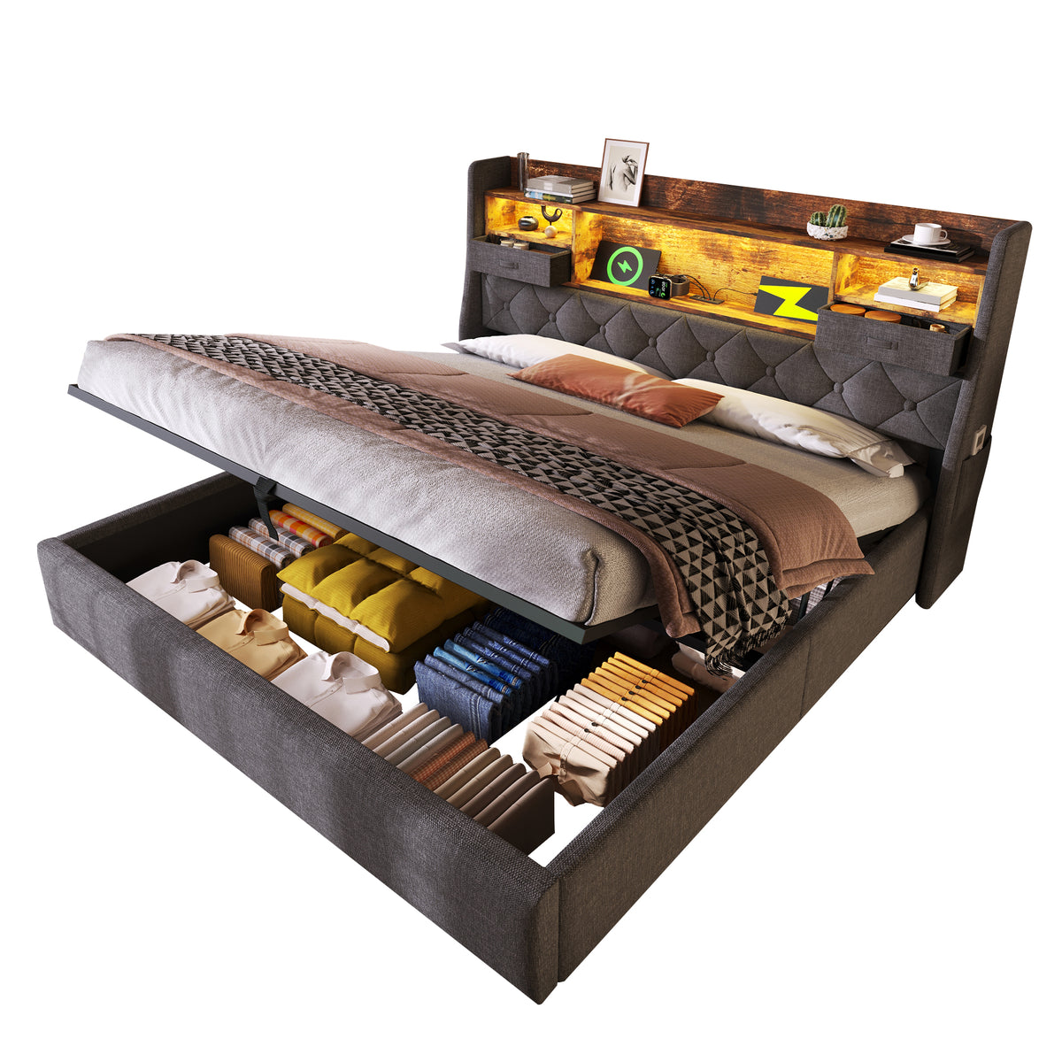 Upholstered Bed 140x200cm with LED Headboard & Storage, Grey Linen