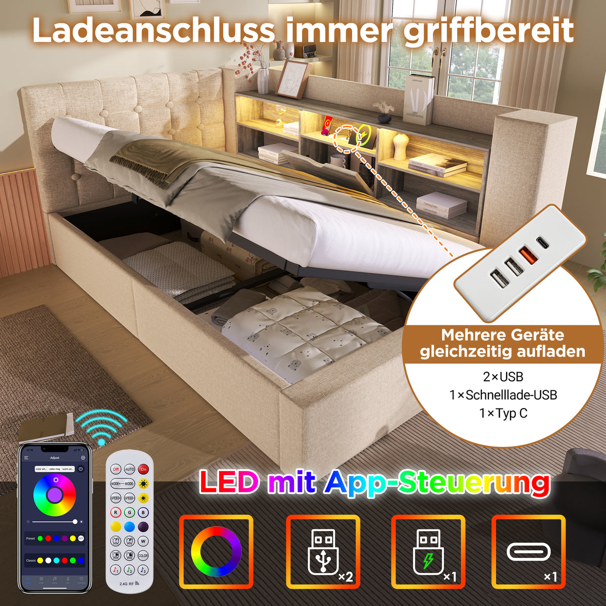Upholstered Bed 140x200 with LED & Storage, Beige Linen