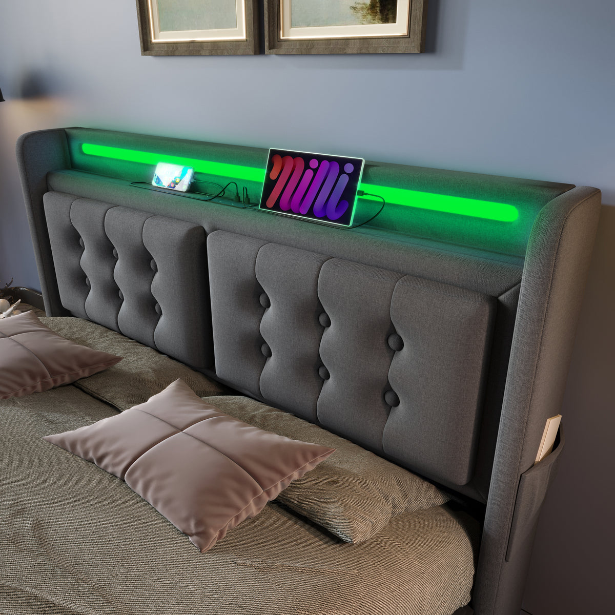 Upholstered Double Bed 180x200cm with LED & 4 Drawers, Grey