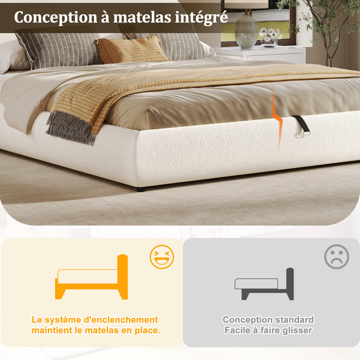 Upholstered Double Bed 180x200cm with Storage, White Bouclé