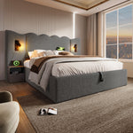 Upholstered Double Bed 180x200 with Storage, Lamp & USB, Grey Linen