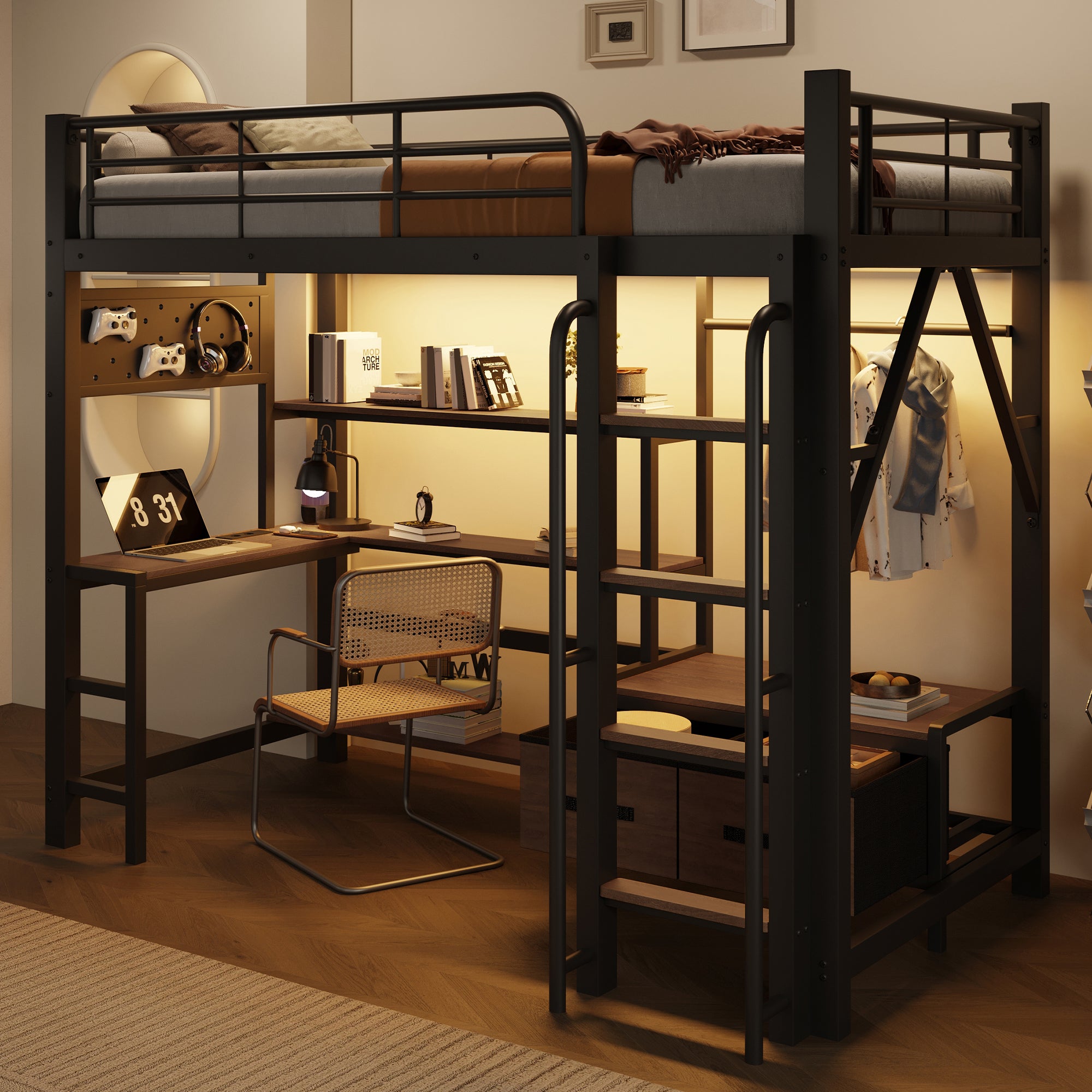 Loft Bed 90x200 with Desk, Shelves & LED Light, Black Iron Frame