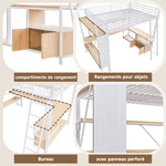 Loft Bed 90x200cm with Desk, LED & USB, White Iron Frame