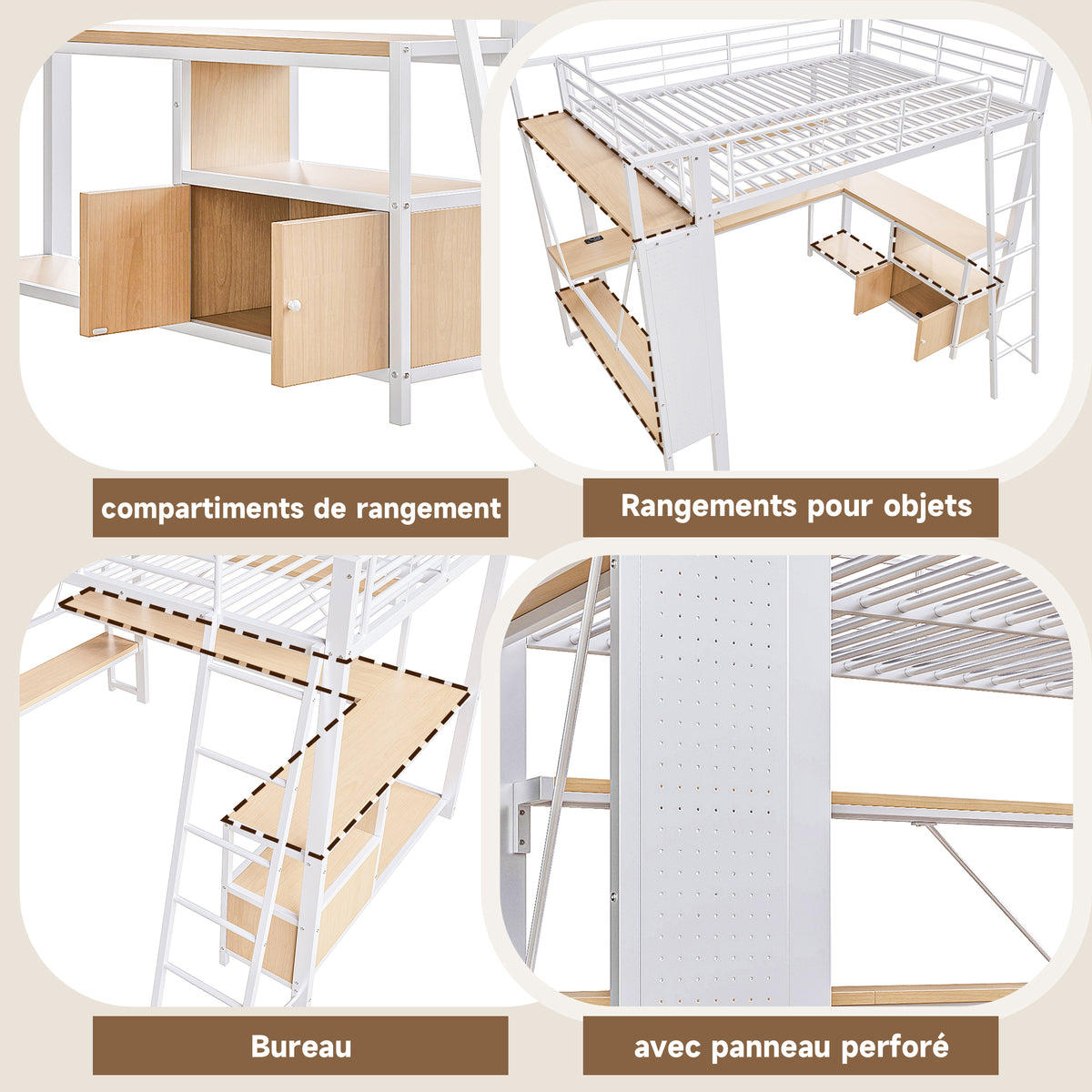 Loft Bed 90x200cm with Desk, LED & USB, White Iron Frame