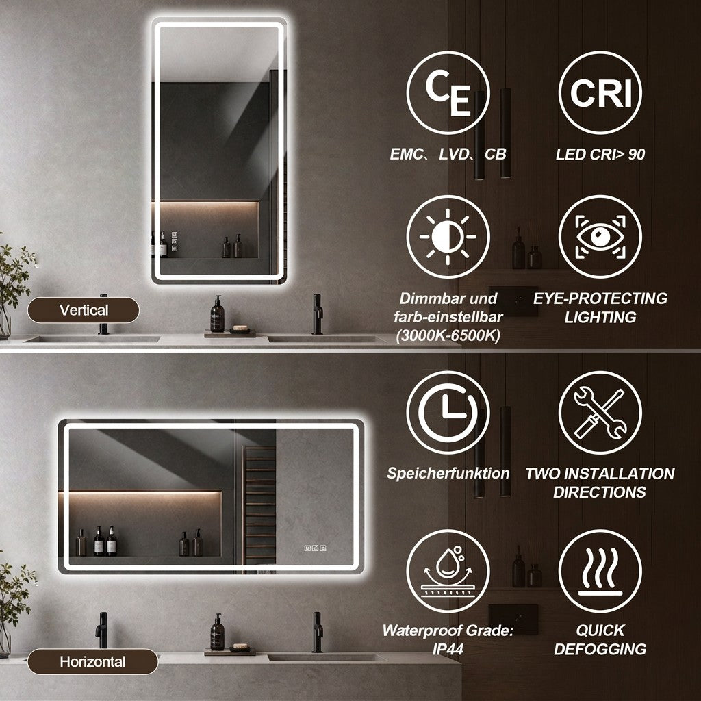 Frameless LED Bathroom Mirror 60x100 cm - Anti-Fog Dimmable Glass
