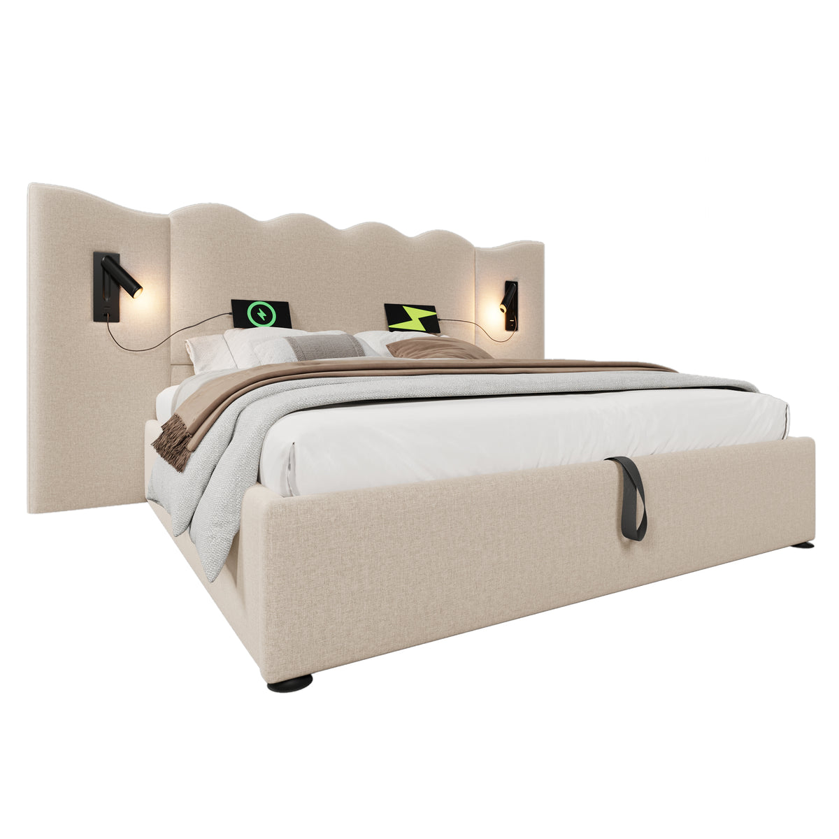 Upholstered Double Bed 180x200 with Lamp & USB, Beige Linen