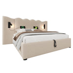 Upholstered Double Bed 180x200 with Lamp & USB Storage - Beige Linen