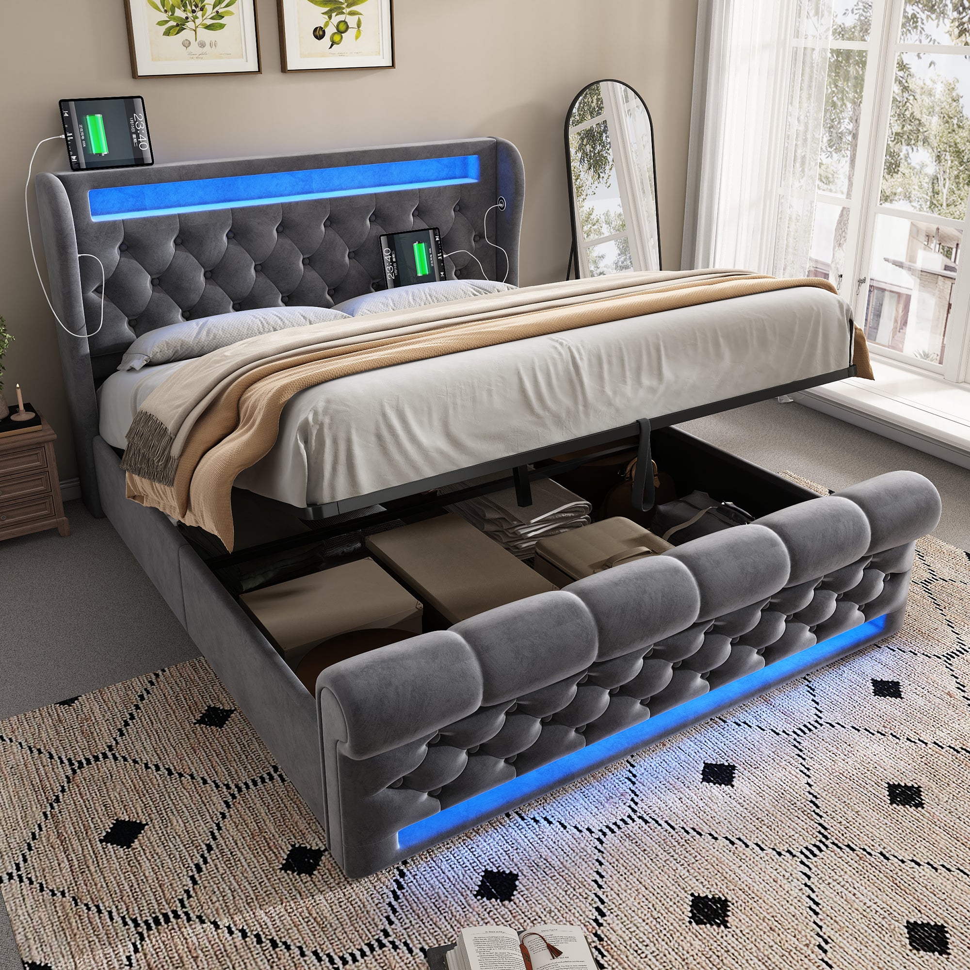 Modern Upholstered Bed 160x200cm with LED & Storage, Grey Velvet