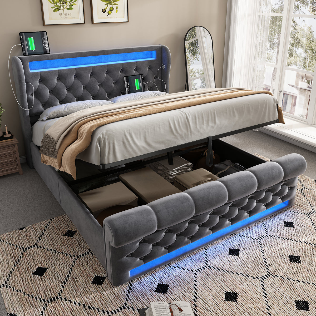Modern Upholstered Bed 160x200cm with LED & Storage, Grey Velvet