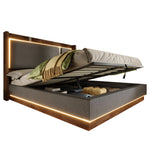 Upholstered Double Bed 140x200 LED & Storage, Linen Grey