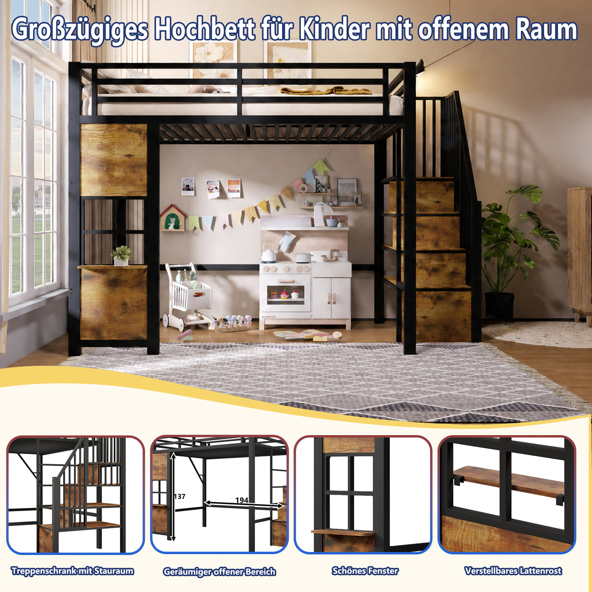 Loft Bed 140x200 cm with Storage Ladder, Black Iron Frame