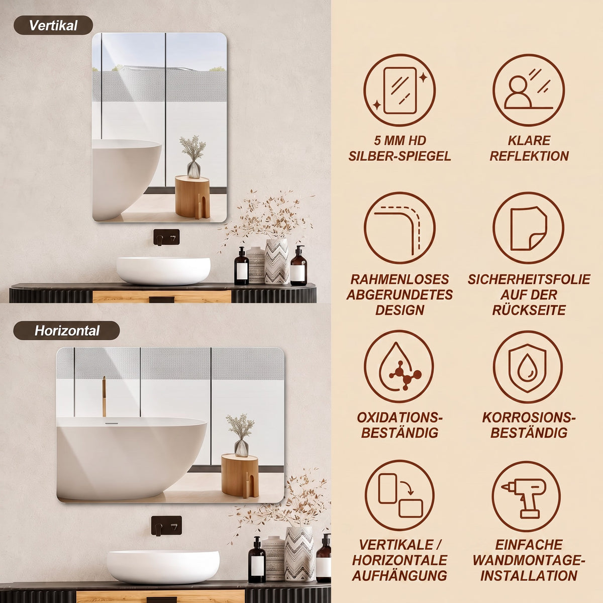 Frameless Wall Mirror, 60x80cm HD Hanging, Copper-Free Glass
