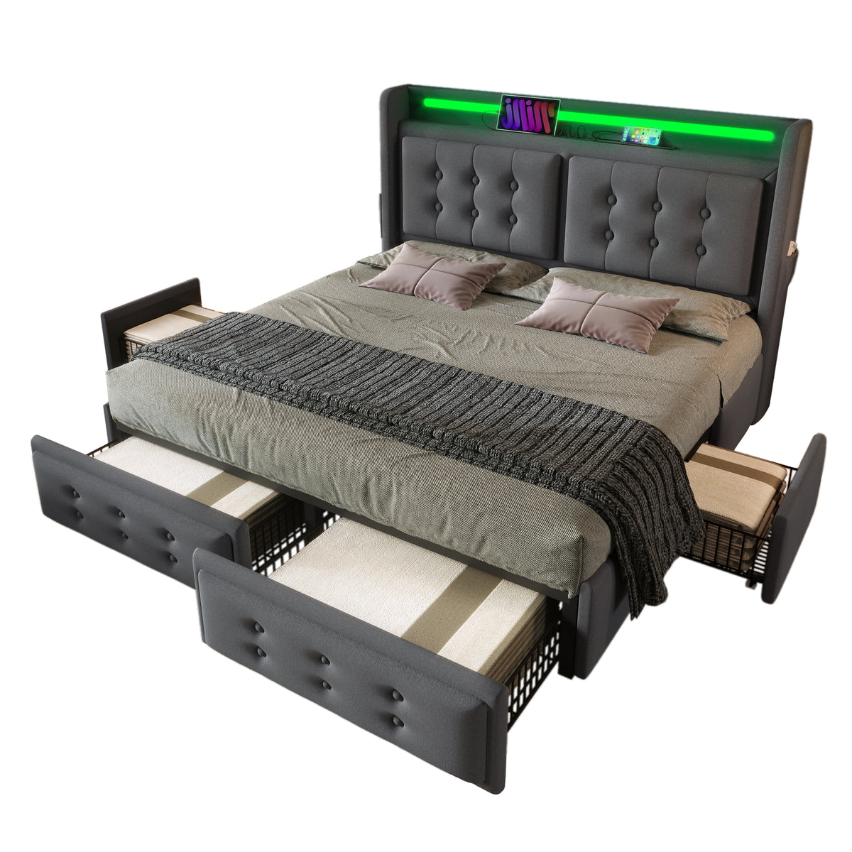 Upholstered Double Bed 180x200cm with LED & 4 Drawers, Grey