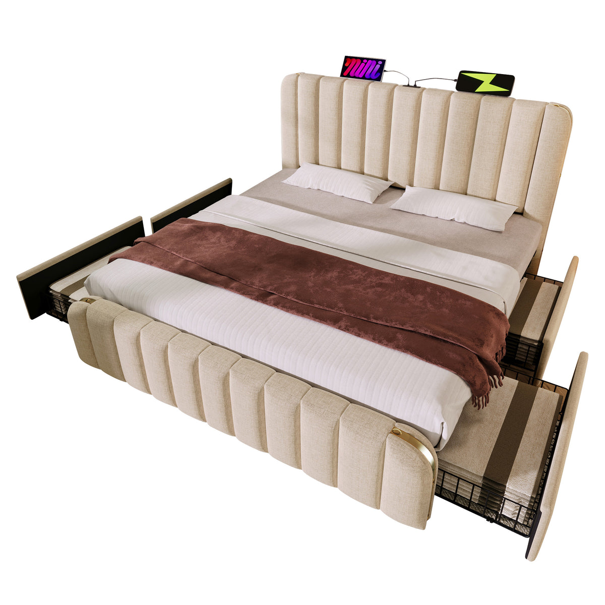 Upholstered Bed 140x190cm with 4 Drawers & USB, Beige Linen