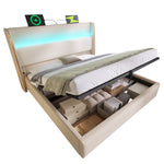 Modern Hydraulic Double Bed 180x200 LED USB Storage, Beige Linen