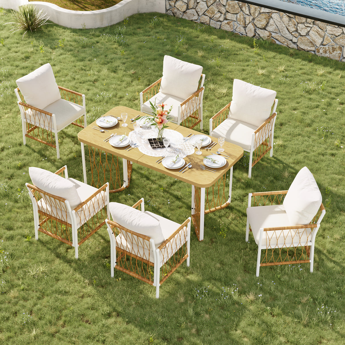 Modern Outdoor Patio Set with Cushions & Woven Armrests, Iron