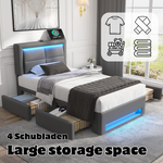 Upholstered Bed 90x190 cm with LED, USB & 4 Drawers, Grey PU