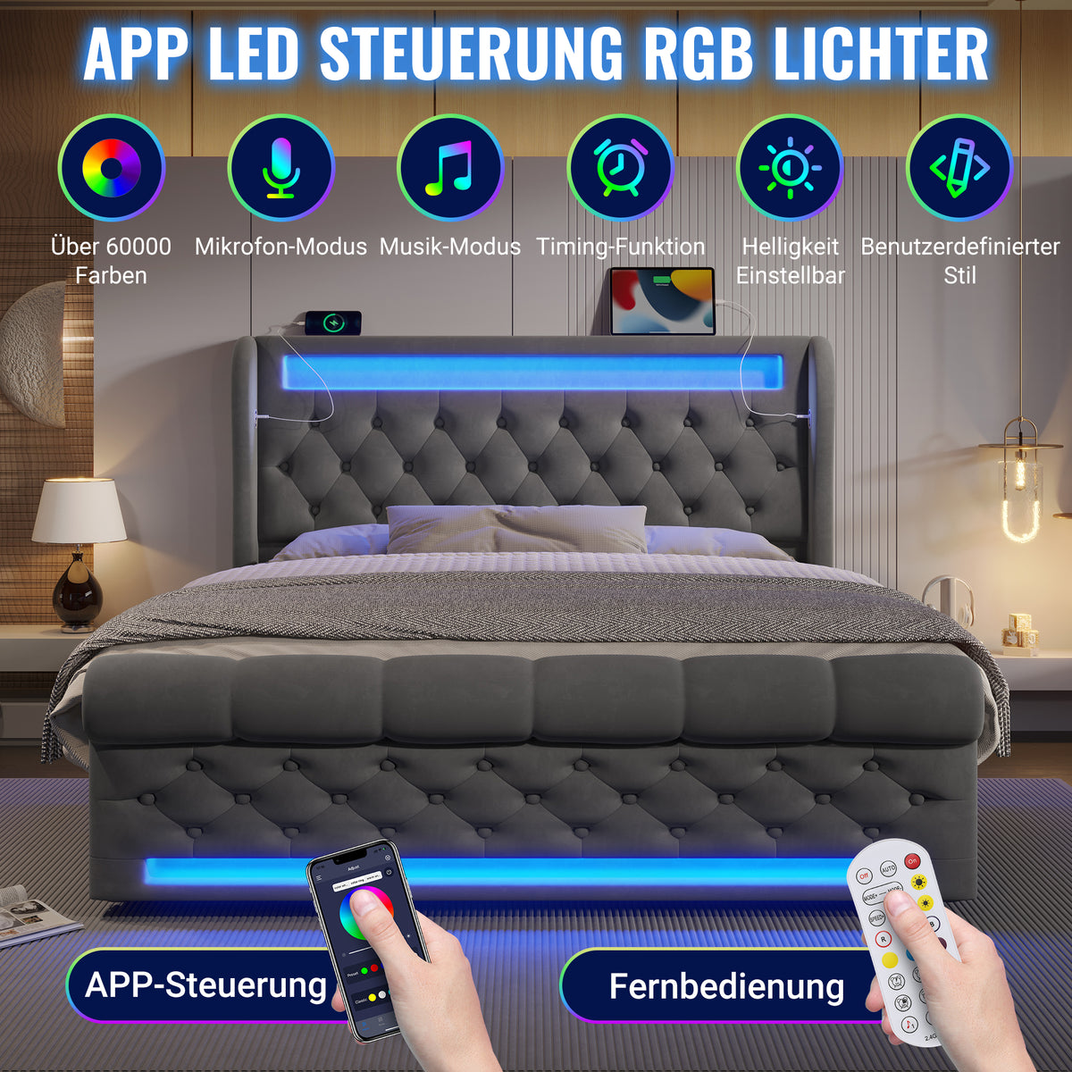 Modern Upholstered Bed 160x200cm with LED & Storage, Grey Velvet
