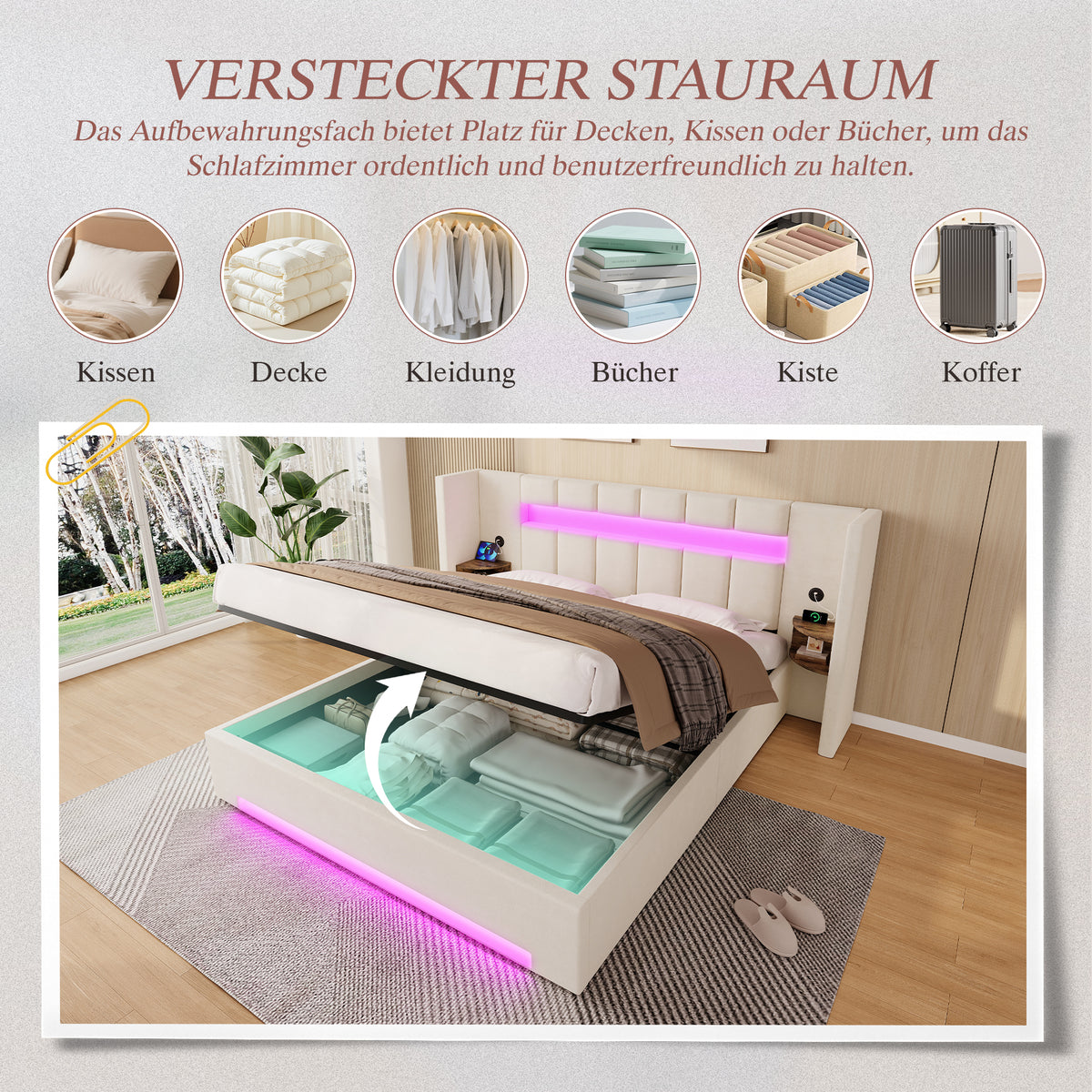 Multifunctional Bed Frame with LED & USB 180x200cm - Velvet
