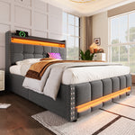 Upholstered Bed 160x200cm with LED & Storage, Grey Linen