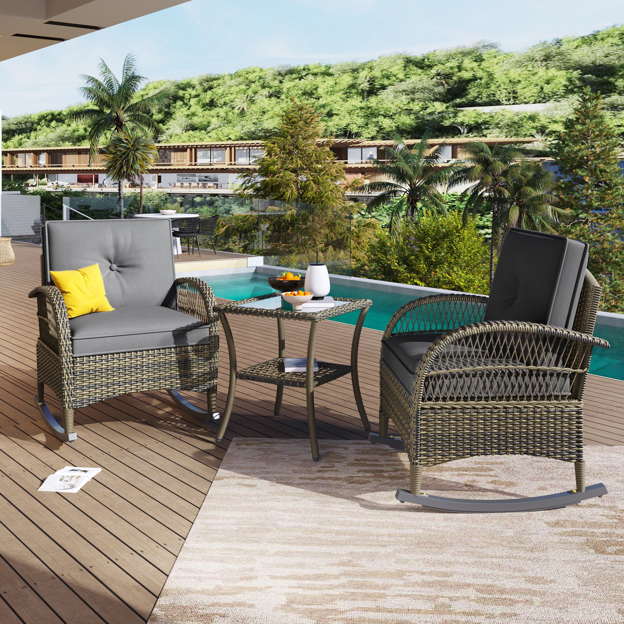 3-Piece Balcony Furniture Set with Cushions, Grey Rattan