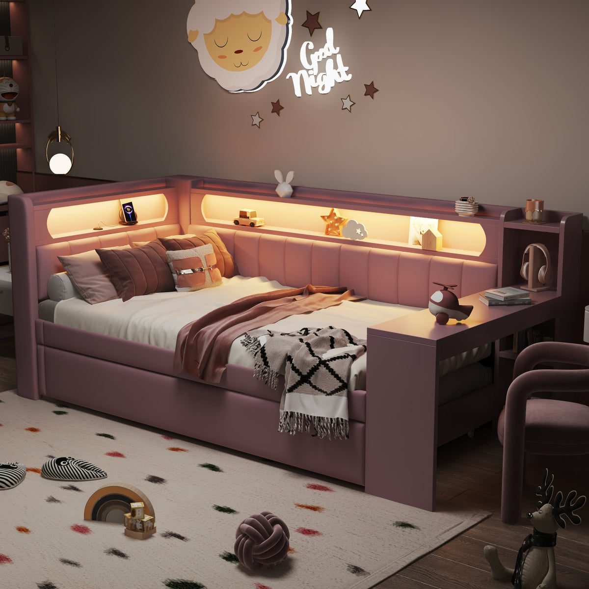 Upholstered Daybed 90x200cm with Trundle, Desk & LED, Pink