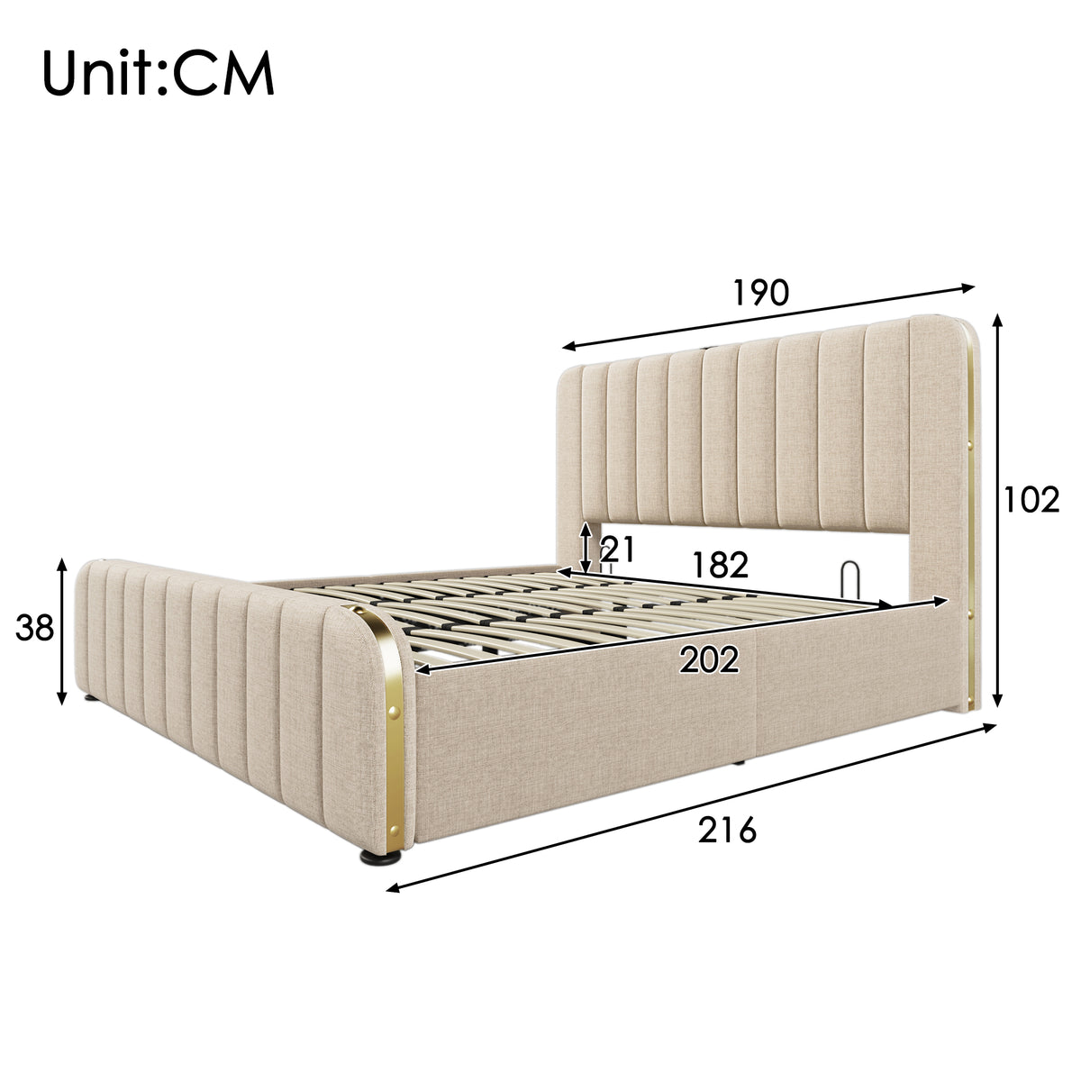 Upholstered Bed 180x200 with USB & Storage - Beige Linen