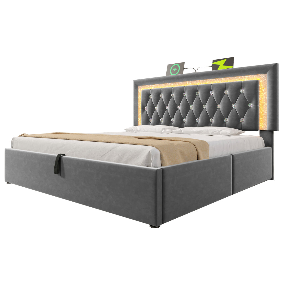 Upholstered Bed 160x200cm with LED & Storage, Grey Velvet