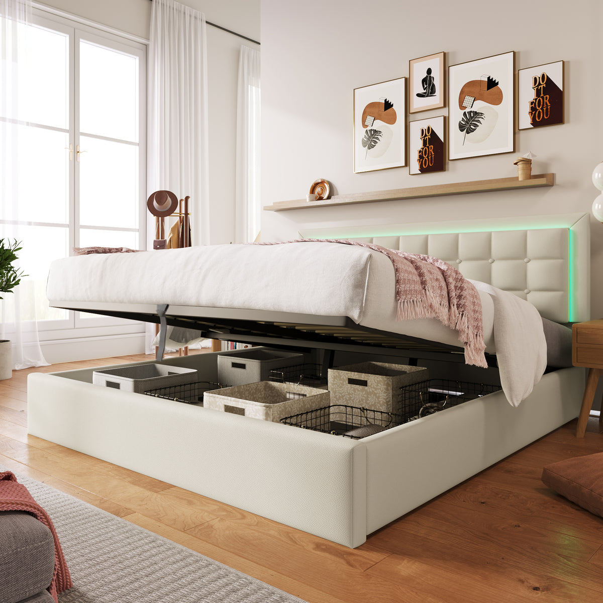Upholstered Storage Bed 180x200cm with LED, White Faux Leather
