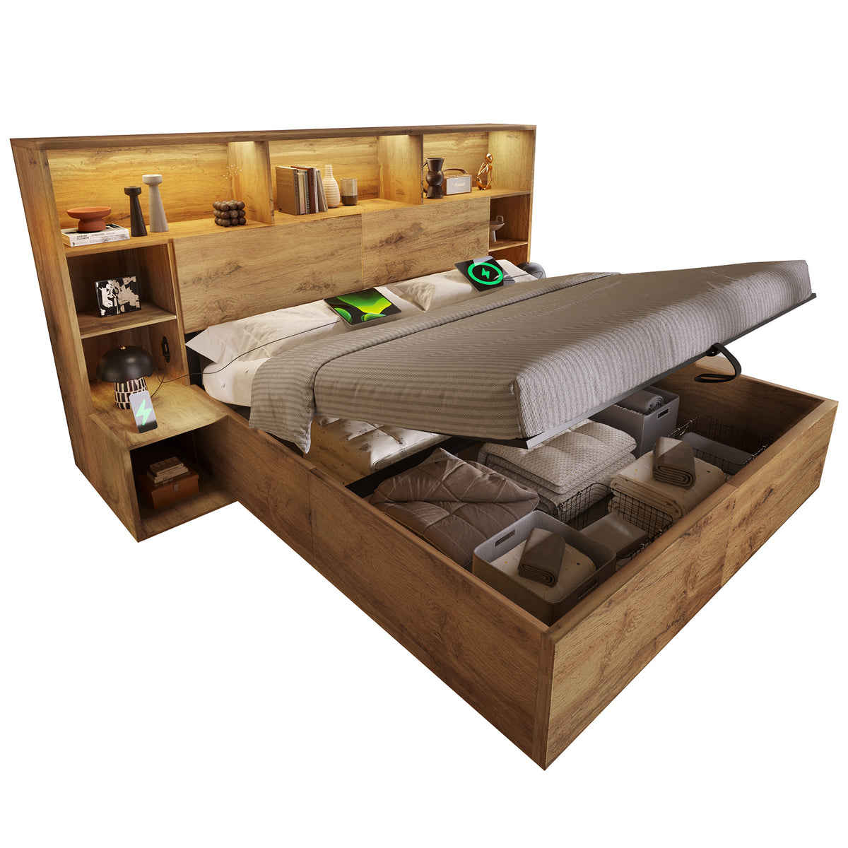 System Storage Bed 160x200 with Mattress, LED & USB-C, Oak Look