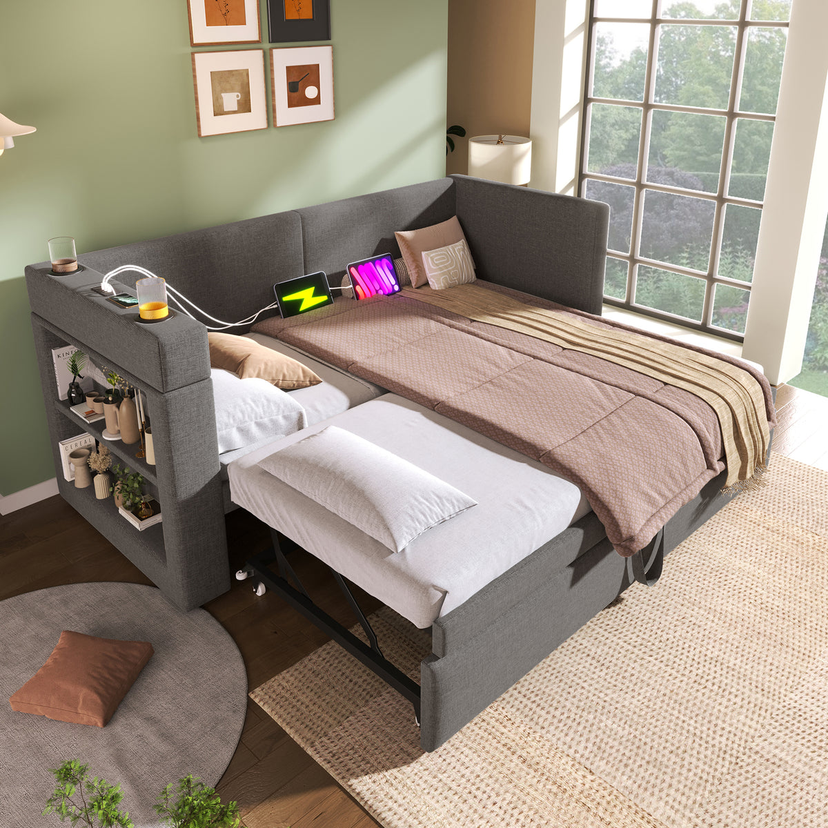 Upholstered Daybed 90x200cm with Trundle & USB, Grey Linen
