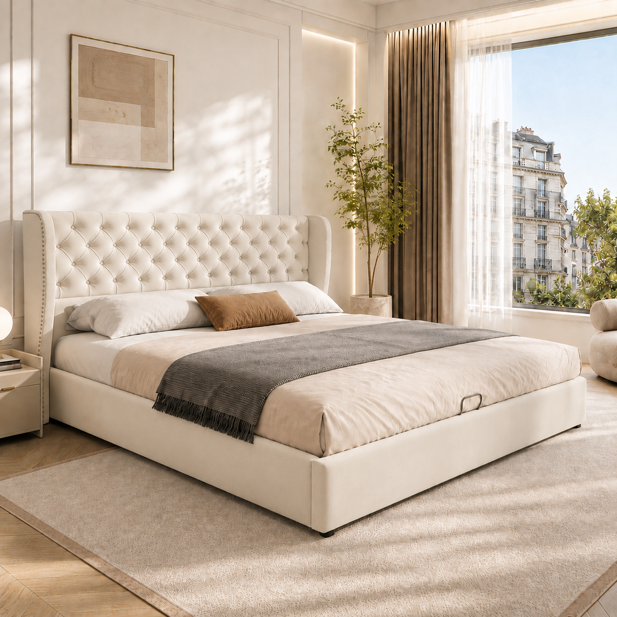Upholstered Bed 180x200cm Hydraulic Storage, Beige Velvet