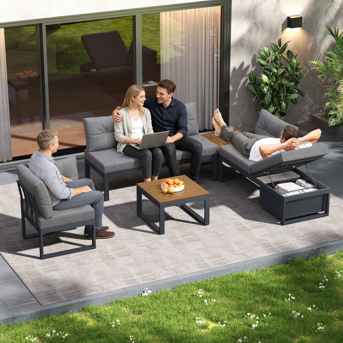 Modern Outdoor Set with Cushions, Iron Frame & Woven Armrests