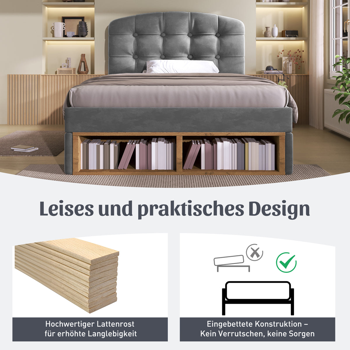 Single Upholstered Bed 90x200 with Drawers, Grey Velvet