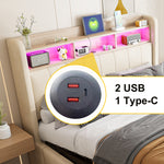 Upholstered Bed 140x200cm with Storage & LED, Beige Linen