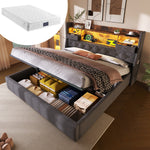 Upholstered Bed 140x200cm with LED Headboard & Storage, Grey Linen