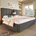 Upholstered Bed 140x200 with Storage & Charging Station, Grey Linen