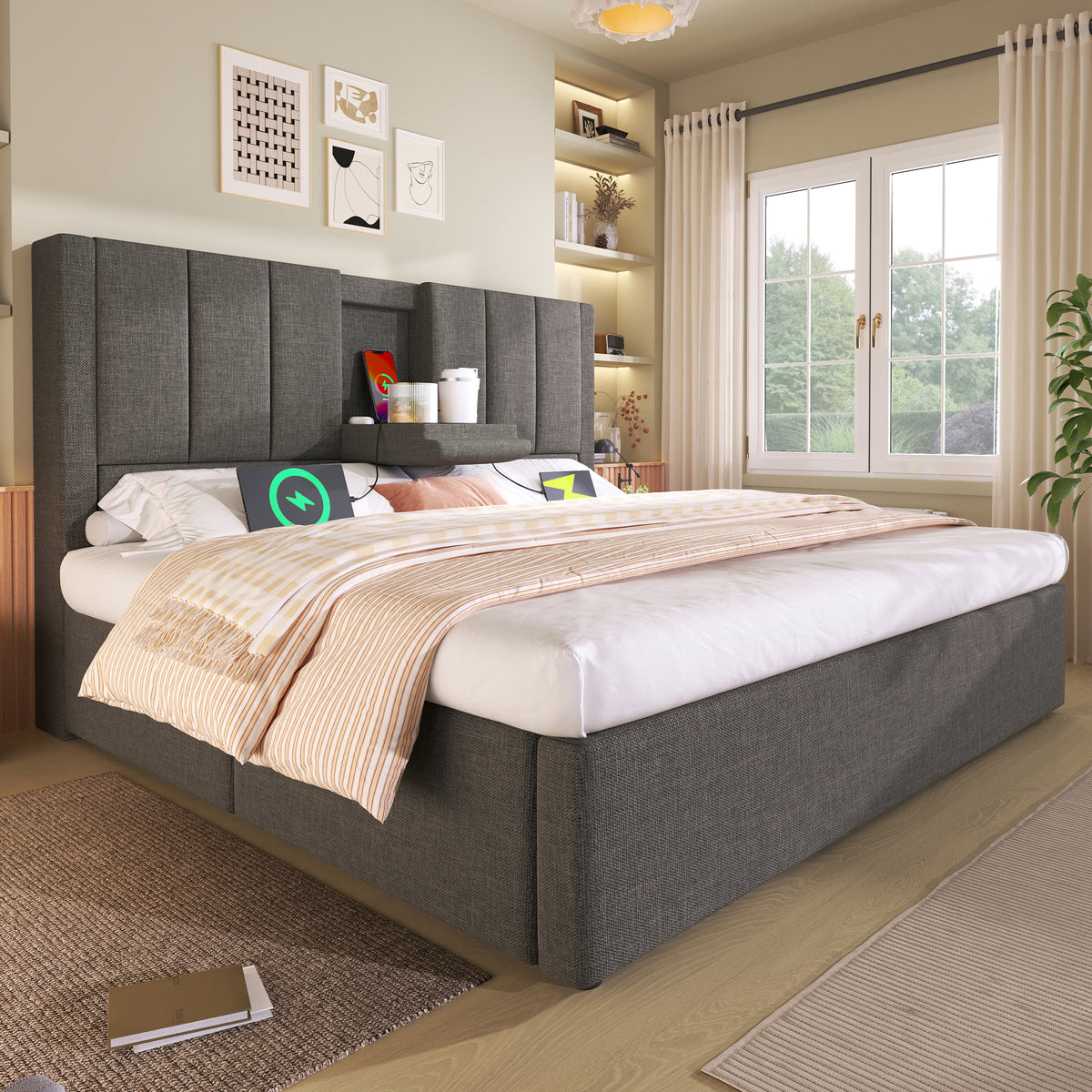 Upholstered Bed 140x200 with Storage & Charging Station, Grey Linen