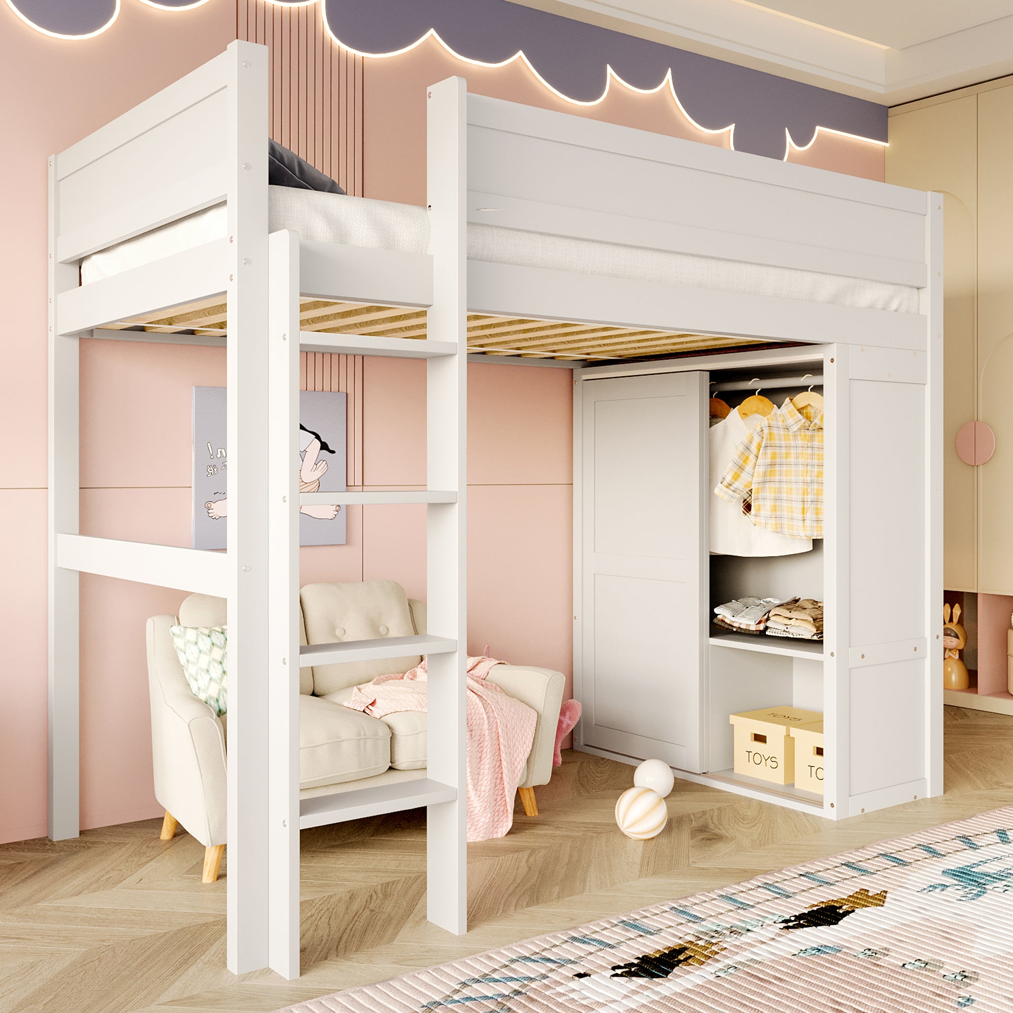 Loft Bed 90x200cm with Wardrobe & Storage, White Pine Wood