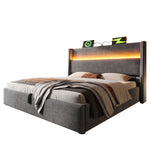 Hydraulic Double Bed 160x200 with LED, Storage & USB, Grey Linen