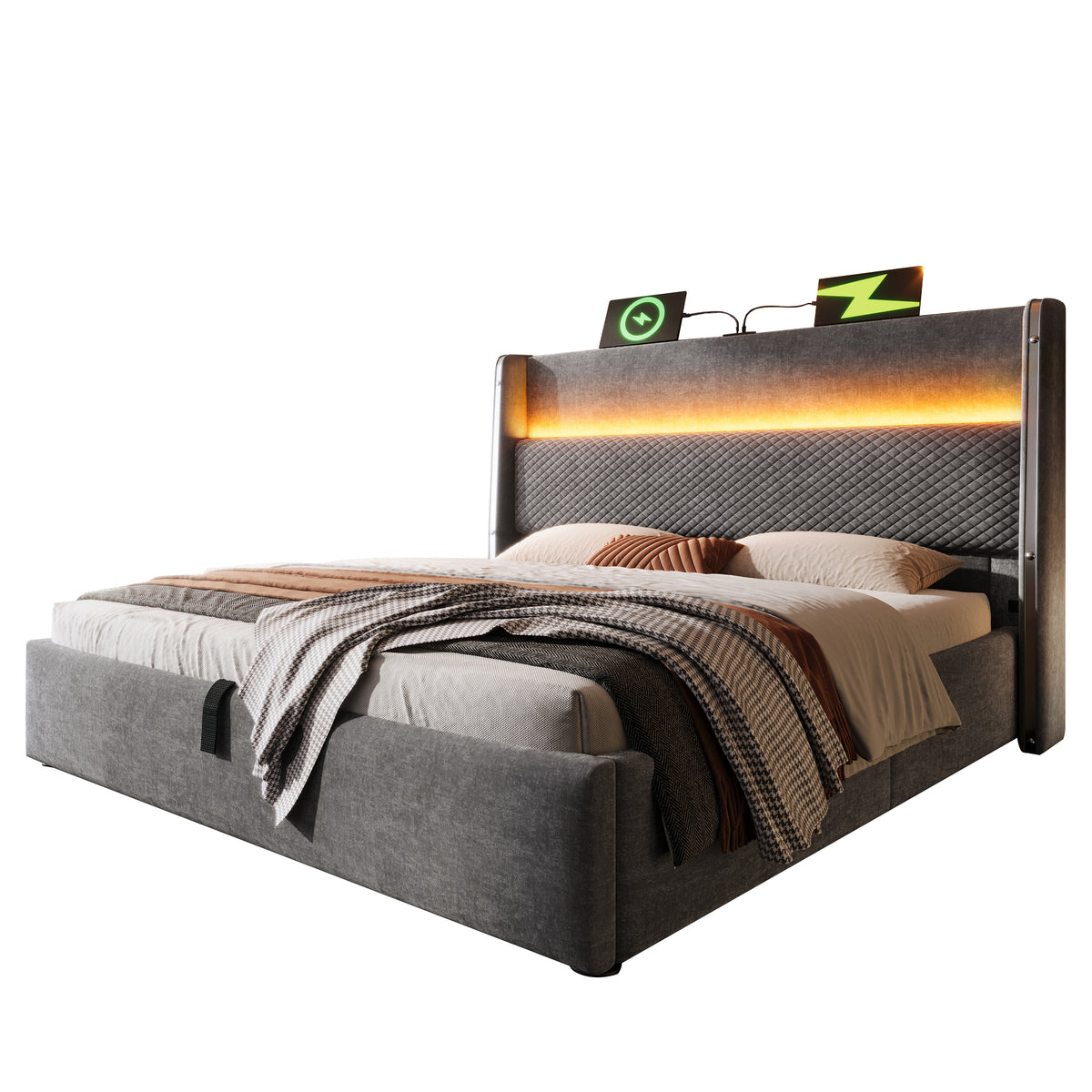 Hydraulic Double Bed 160x200 with LED, Storage & USB, Grey Linen