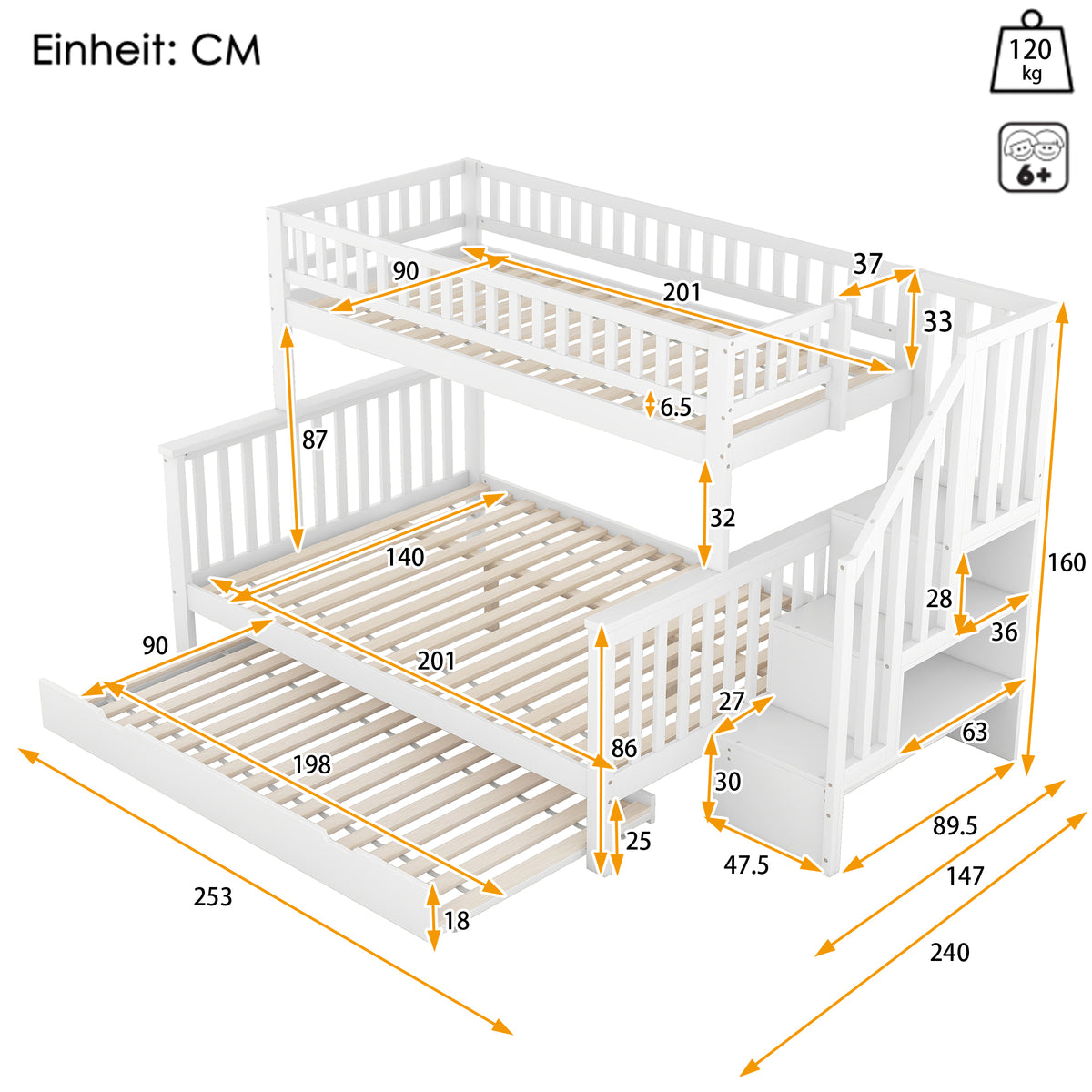 Bunk Bed 90x200/140x200cm with Stairs & Storage, Pine White