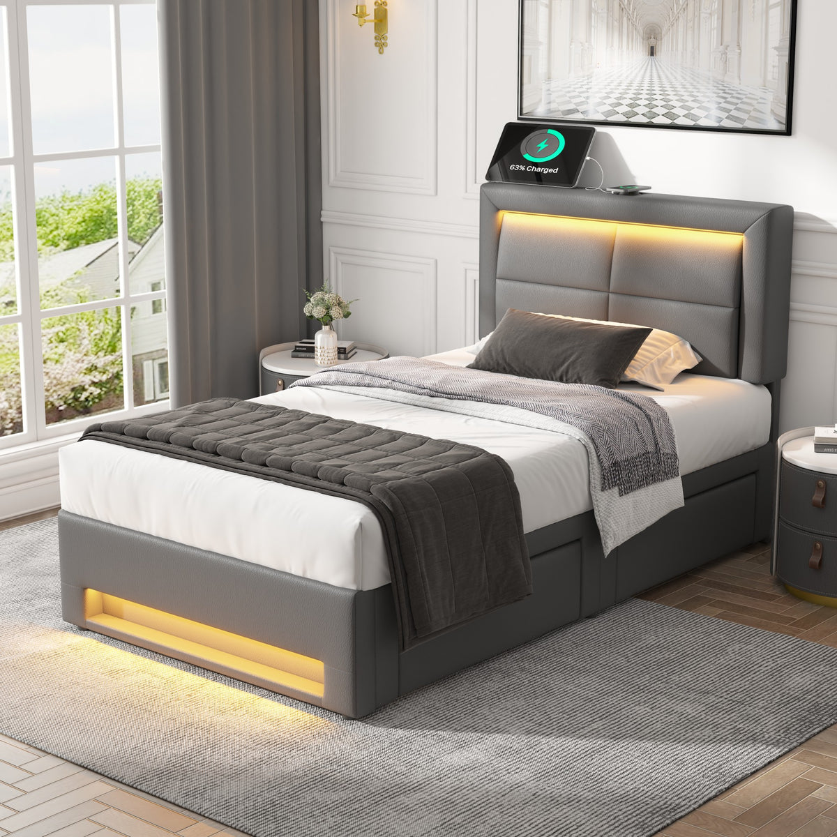 Upholstered Bed 90x190 cm with LED, USB & 4 Drawers, Grey PU