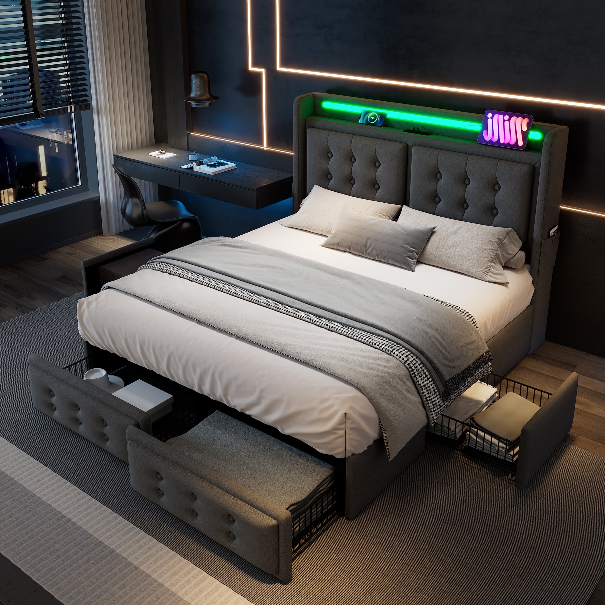 Upholstered Double Bed 180x200cm with LED & 4 Drawers, Grey