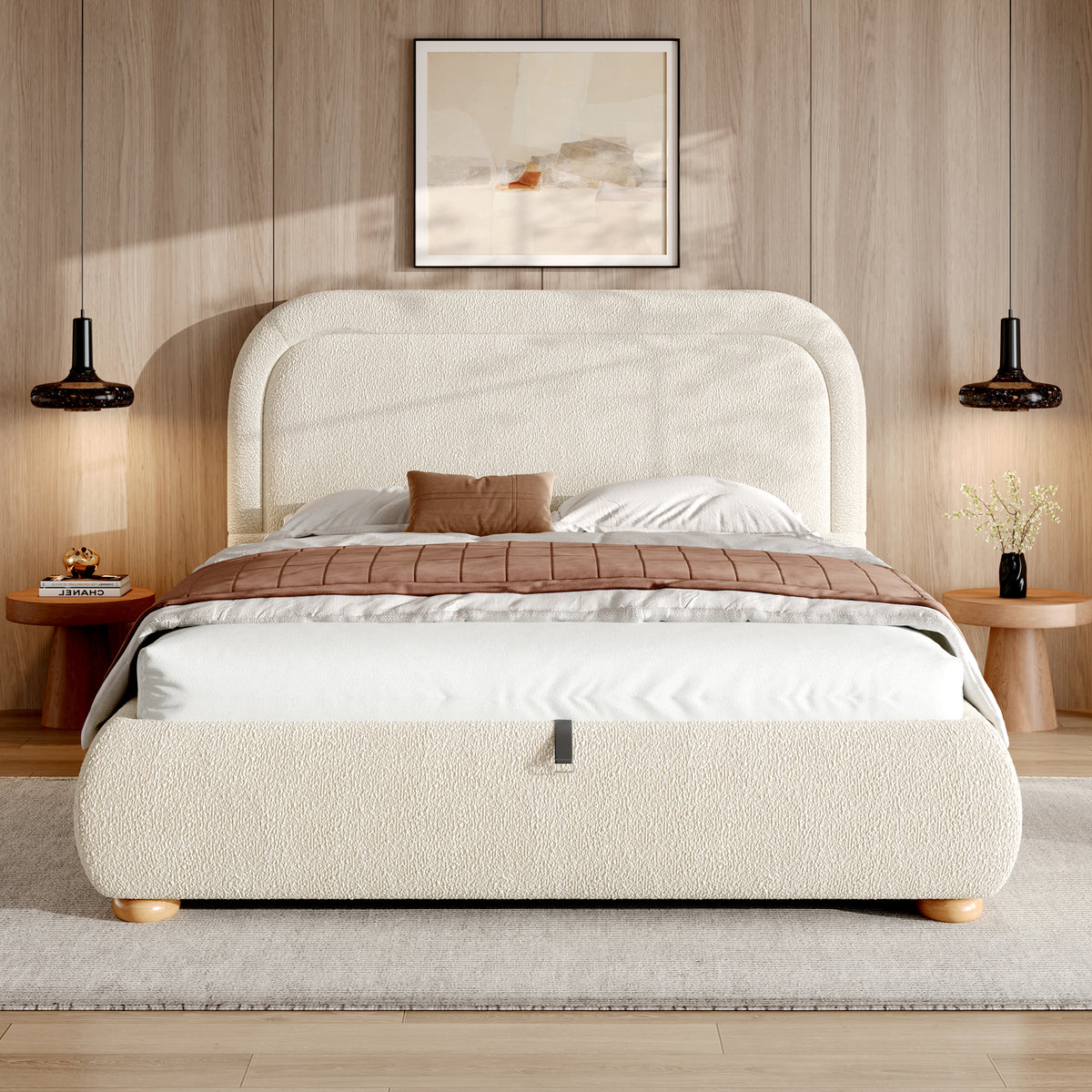 Upholstered Double Bed 140x200 cm with Storage, Beige Bouclé