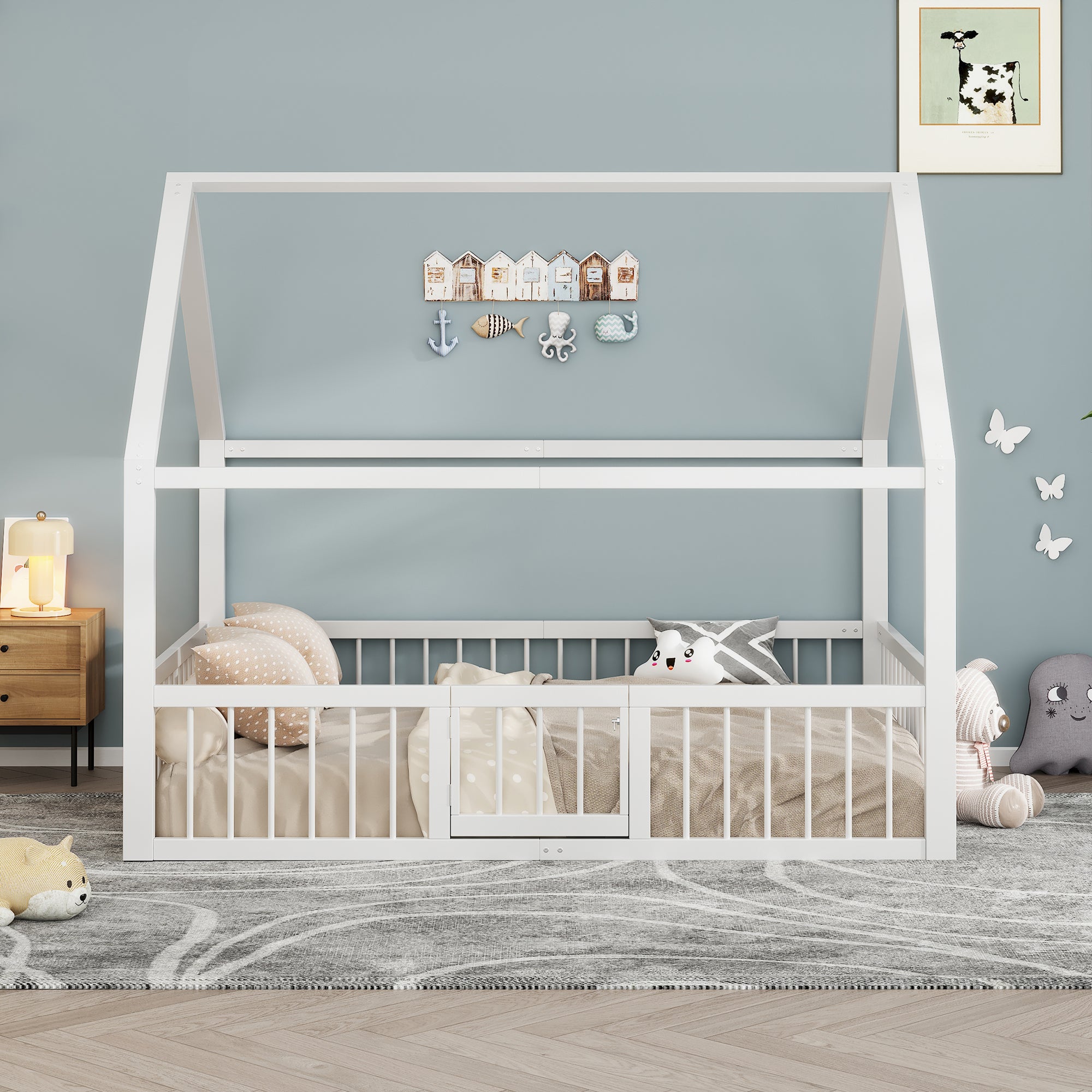 Flatbed Metal Bed 140x200cm with House Trim & Railing - White