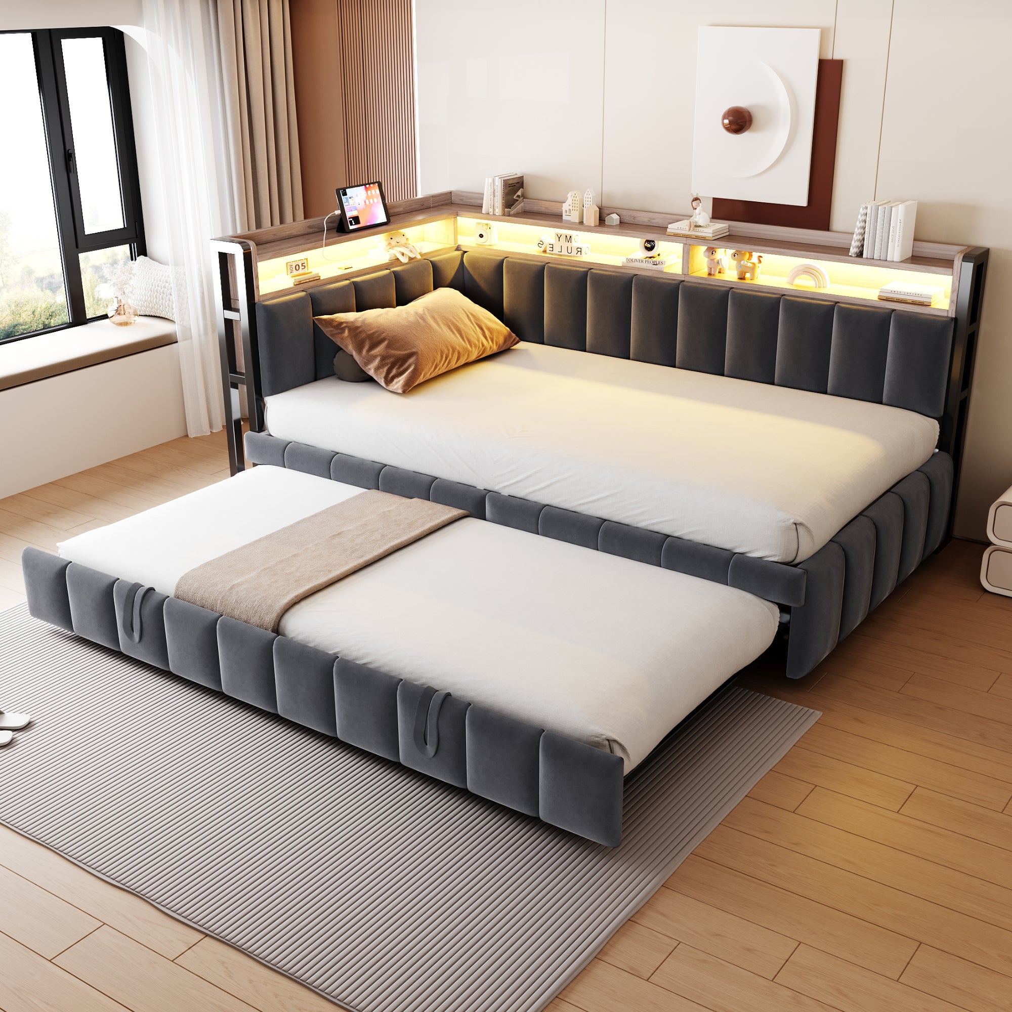 Upholstered Sofa Bed 90x200cm with Trundle & LED, Dark Grey Velvet
