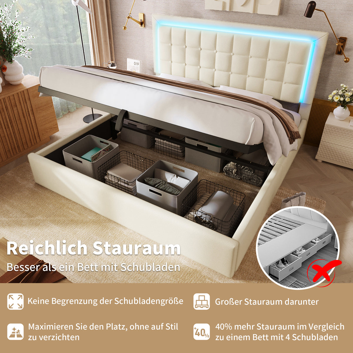 Upholstered Storage Bed 180x200cm with LED, White Faux Leather