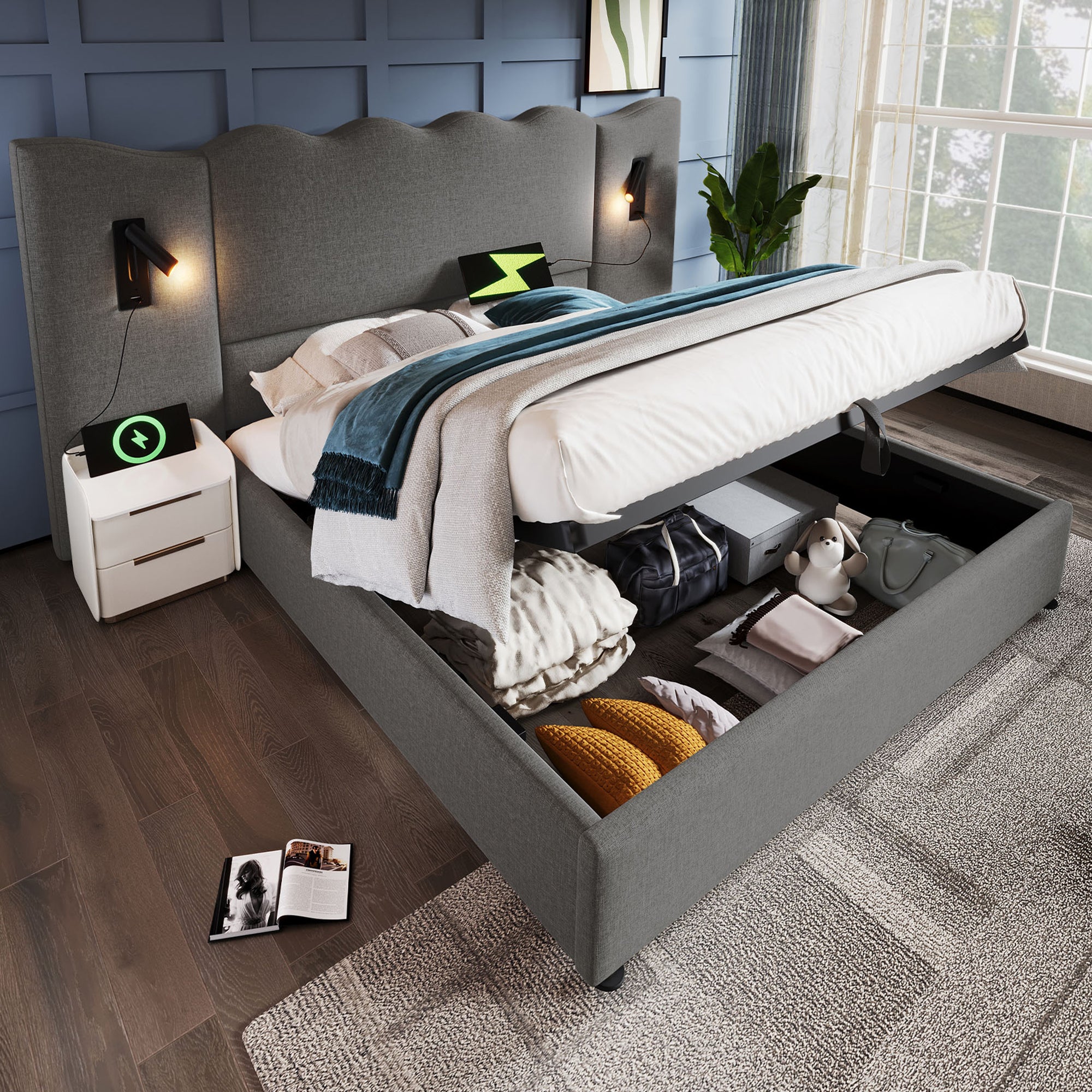 Upholstered Double Bed 180x200 with Storage, Lamp & USB, Grey Linen